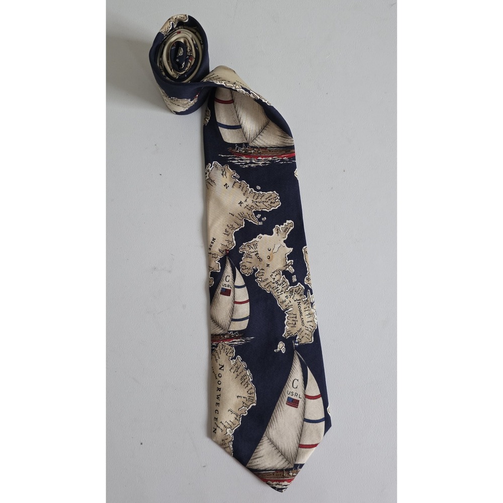 Chaps Ralph Lauren Mens Navy Blue Nautical Map Sailboat Silk Necktie